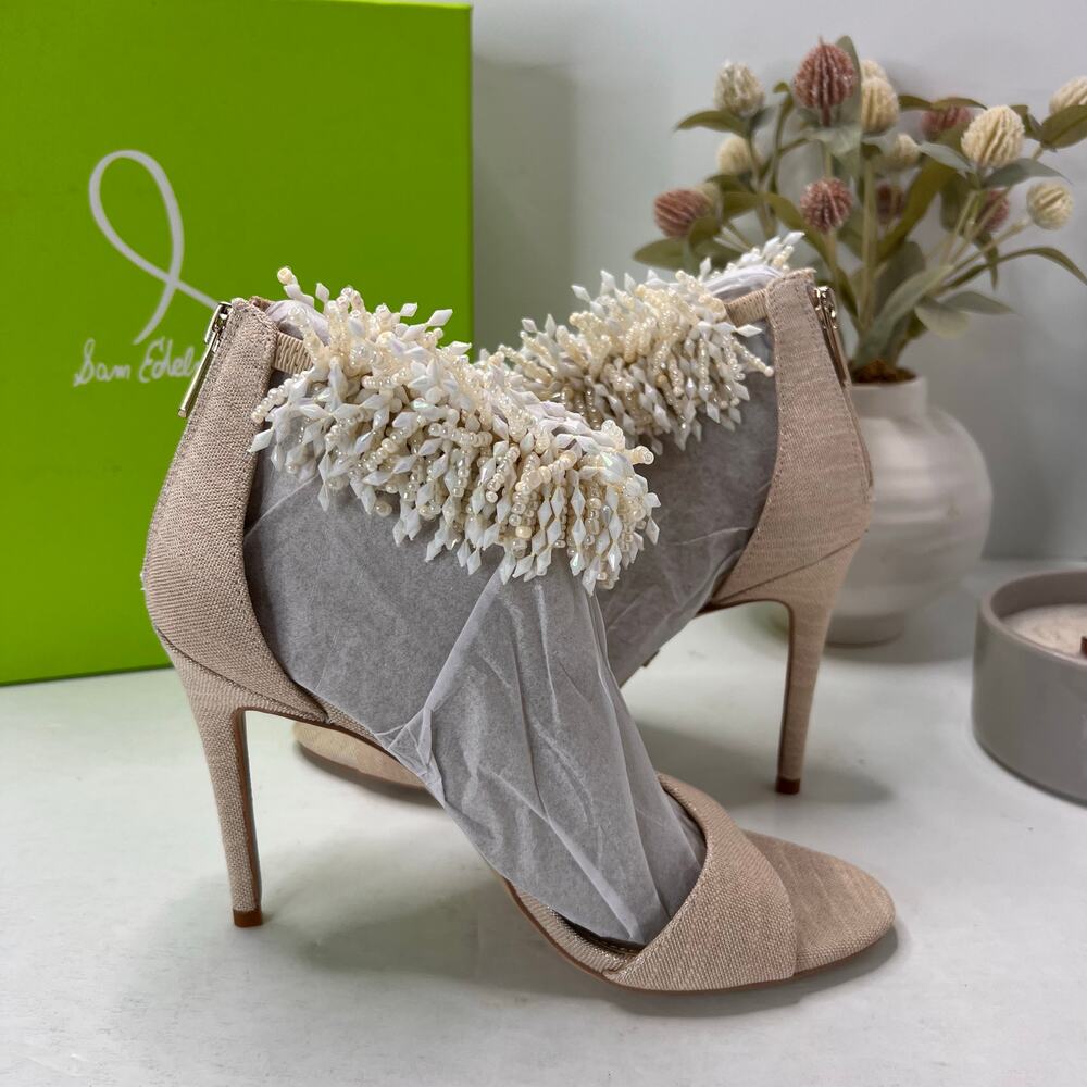 Sam Edelman Gillie Linen Beaded Shell Ankle Strap Heel Sand Heels Women 8M NWB - Picture 6 of 11